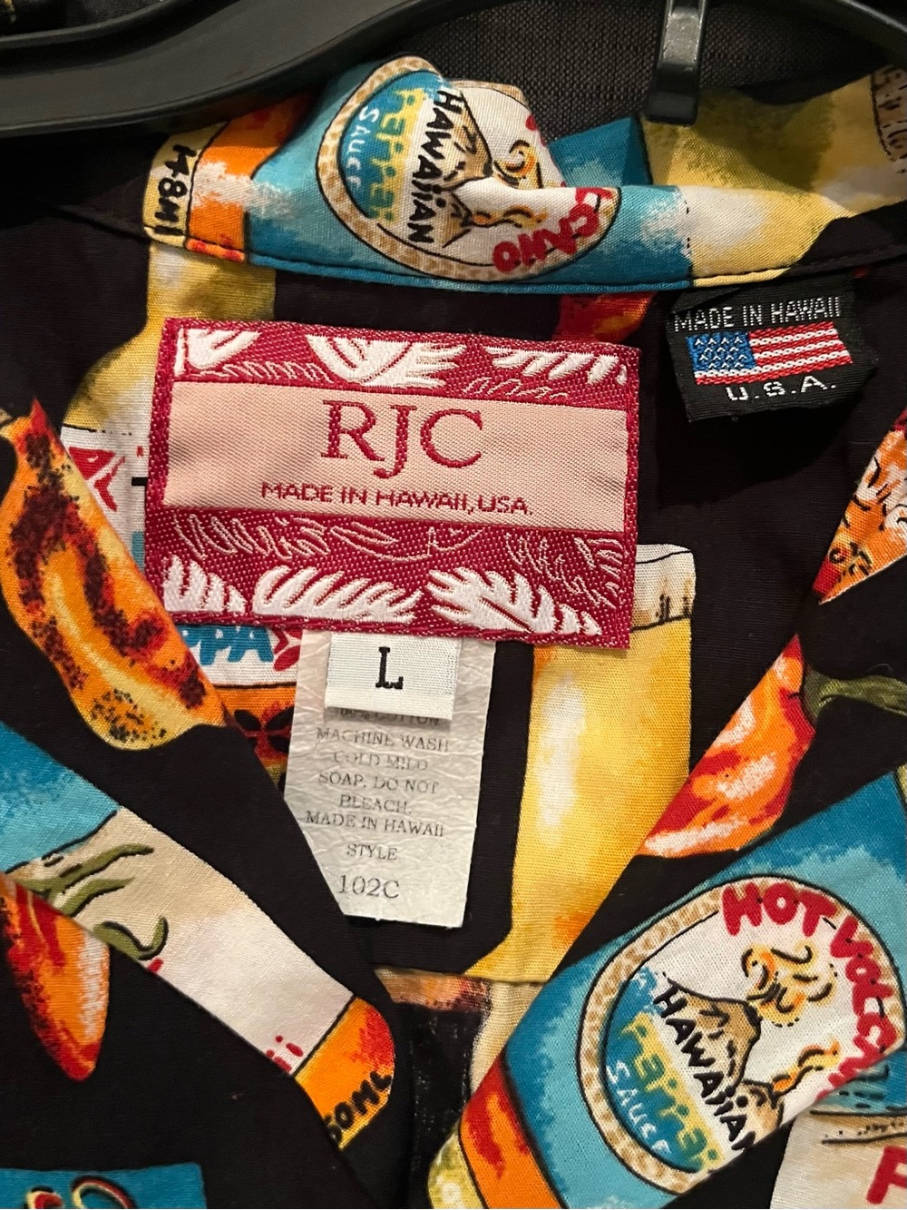 RJC Hawaiian Print Button-Up Shirt - Black with Bright Tropical Accents. M